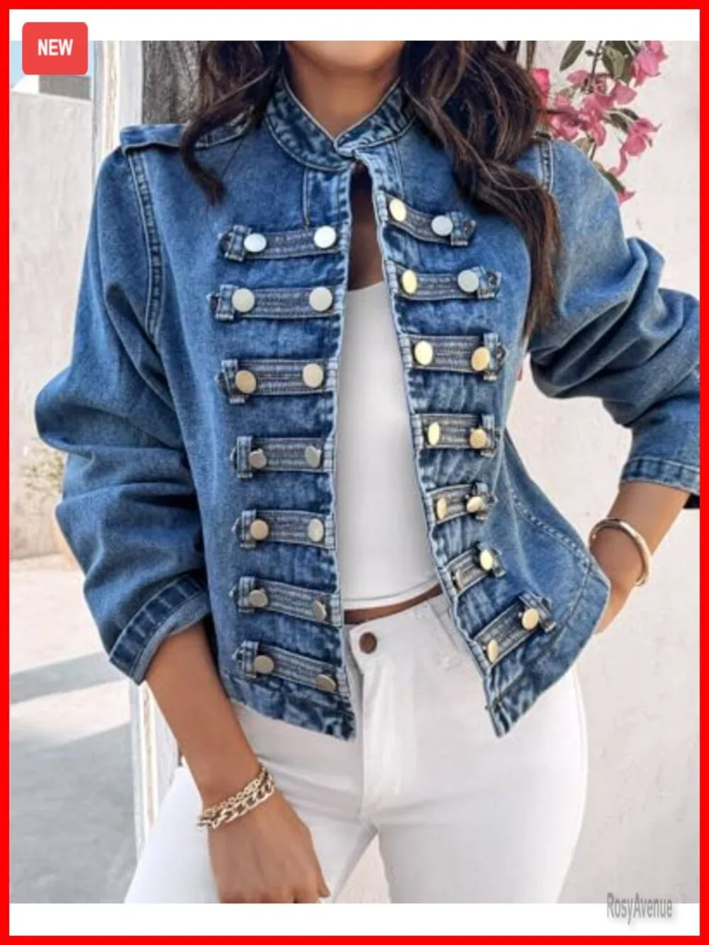Women's Military Denim Jacket Long Sleeve Stand Collar Double Breasted Button